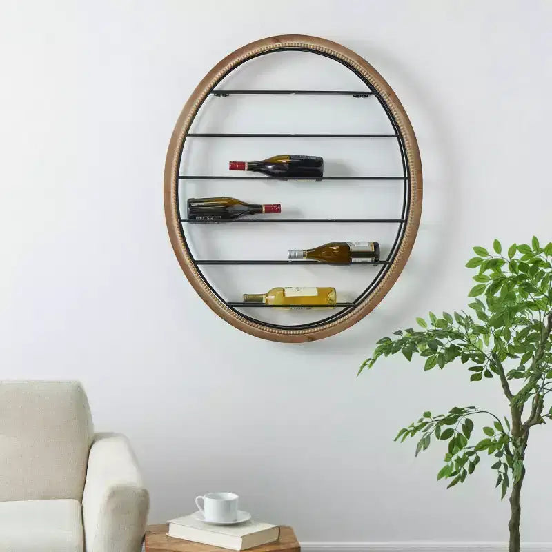 Metal Oval 13-Bottle Wall Wine Rack with Beaded Frame, Black