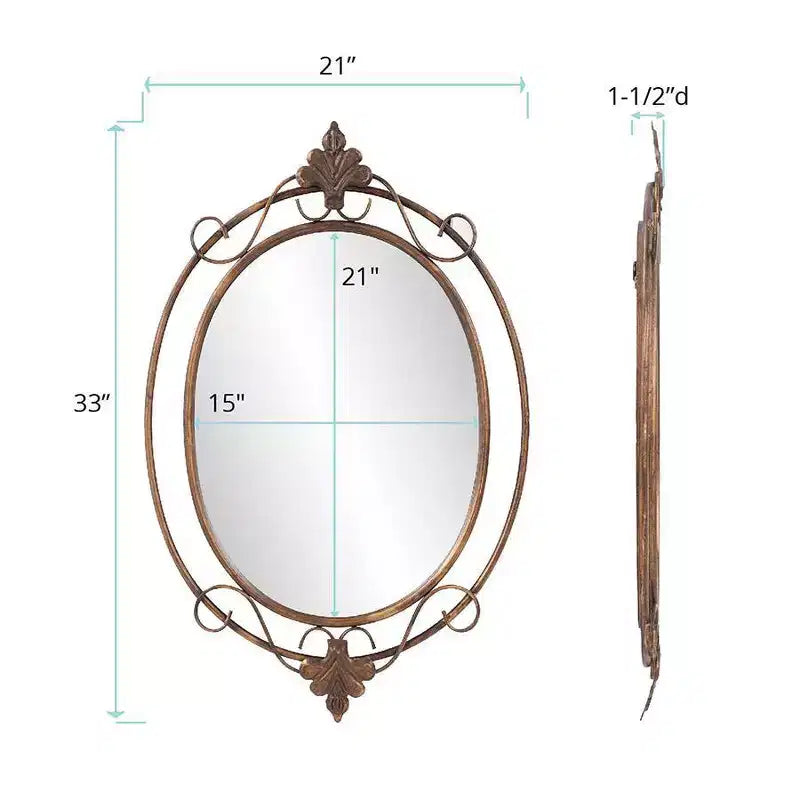 33"x21" Oval Decorative Wall Mirror with Antique Gold Metal Frame
