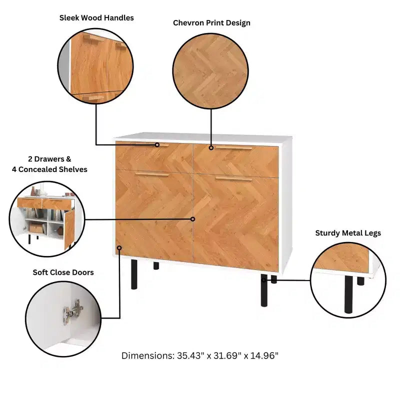 Mid-Century Modern 4-Shelf Sideboard with Drawers – White/Wood