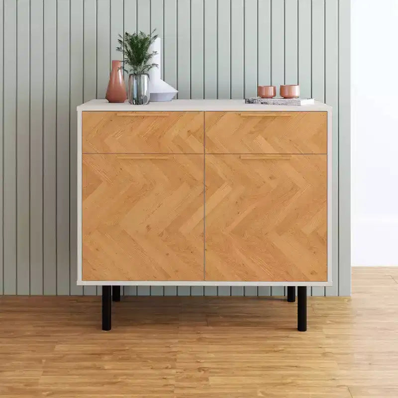 Mid-Century Modern 4-Shelf Sideboard with Drawers – White/Wood