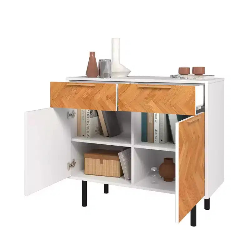 Mid-Century Modern 4-Shelf Sideboard with Drawers – White/Wood