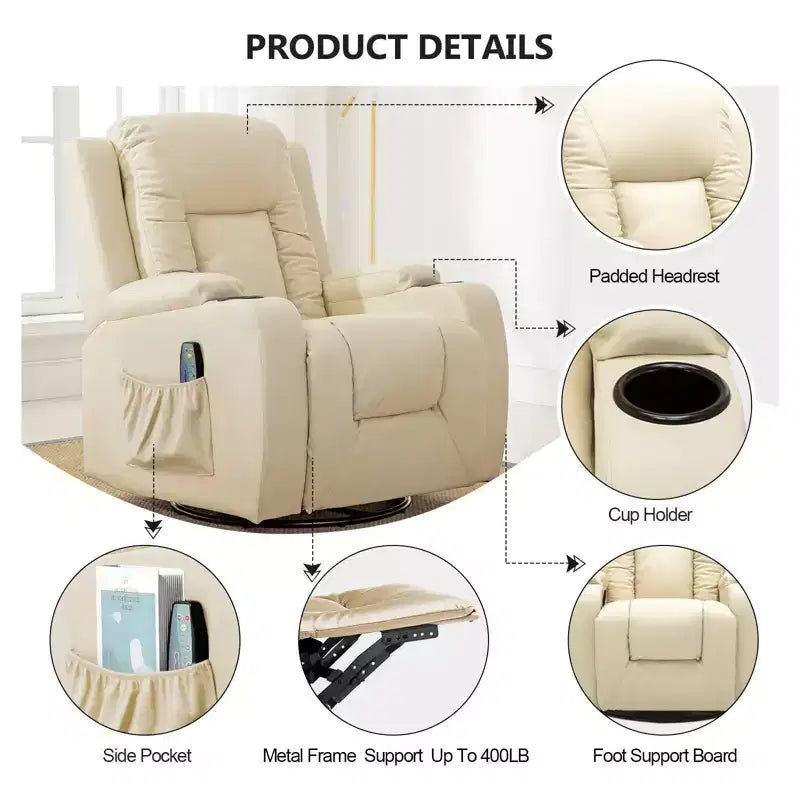 Recliner Chair with Heated Massage, Rocking & Swivel Function – Cream White