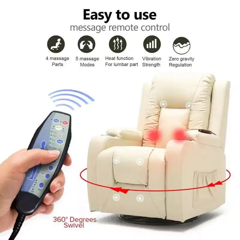 Recliner Chair with Heated Massage, Rocking & Swivel Function – Cream White