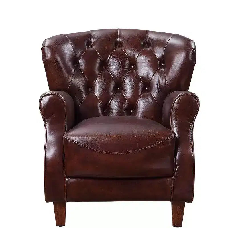 30" Vintage Brown Leather Accent Chair with Aluminum Frame