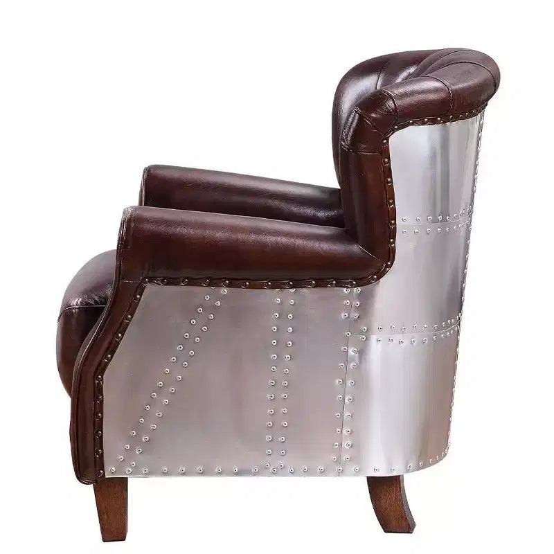 30" Vintage Brown Leather Accent Chair with Aluminum Frame