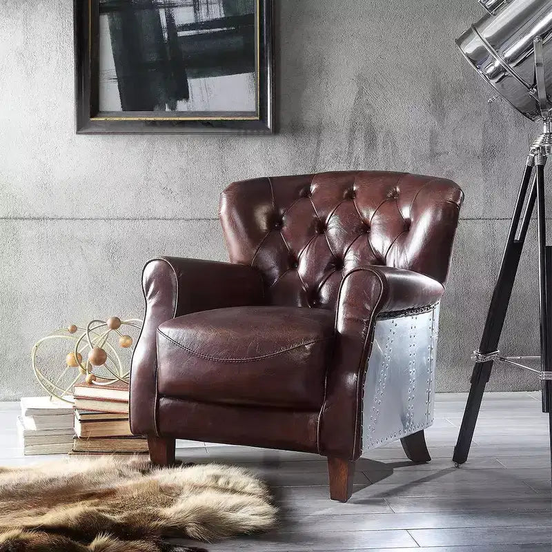 30" Vintage Brown Leather Accent Chair with Aluminum Frame