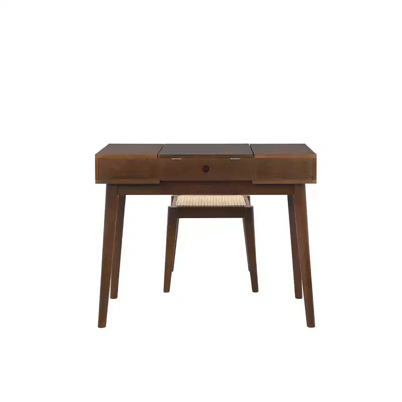 Solid Wood Vanity Set with Stool – Flip Mirror, Drawers & Storage
