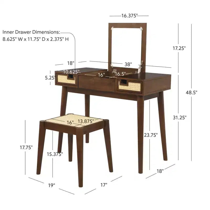Solid Wood Vanity Set with Stool – Flip Mirror, Drawers & Storage