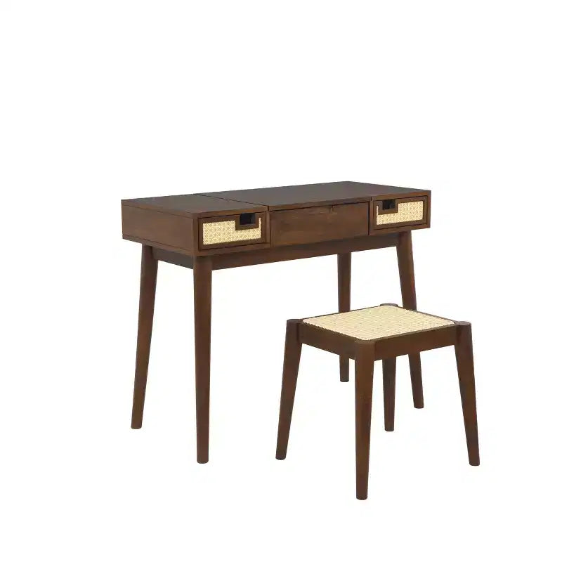 Solid Wood Vanity Set with Stool – Flip Mirror, Drawers & Storage