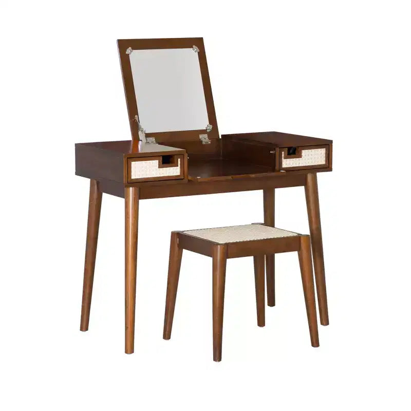 Solid Wood Vanity Set with Stool – Flip Mirror, Drawers & Storage