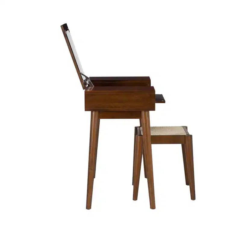 Solid Wood Vanity Set with Stool – Flip Mirror, Drawers & Storage