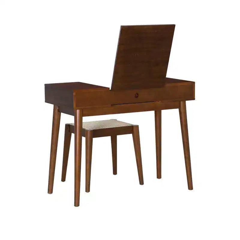 Solid Wood Vanity Set with Stool – Flip Mirror, Drawers & Storage