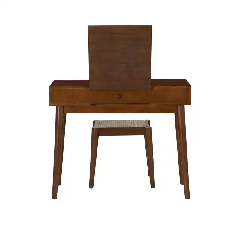 Solid Wood Vanity Set with Stool – Flip Mirror, Drawers & Storage