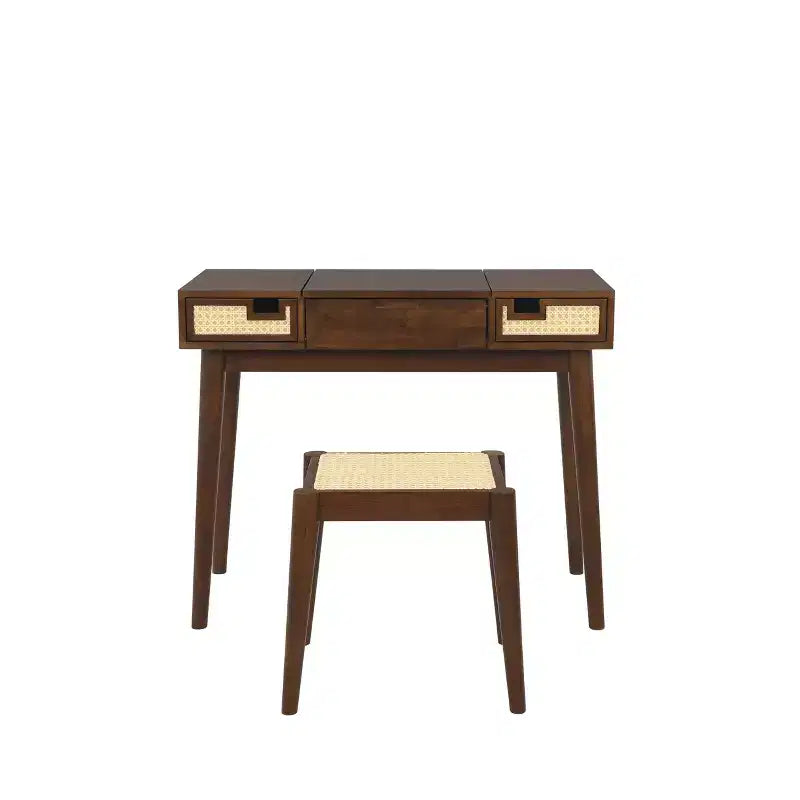 Solid Wood Vanity Set with Stool – Flip Mirror, Drawers & Storage