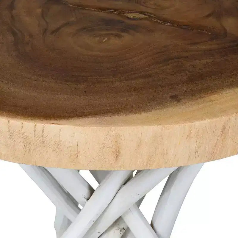 Round Reclaimed Teak Side Table with Rustic Tripod Base
