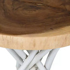 Tavolino rotondo in teak di recupero con base a treppiede rustica