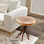 Tavolino rotondo in teak di recupero con base a treppiede rustica