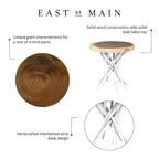 Tavolino rotondo in teak di recupero con base a treppiede rustica