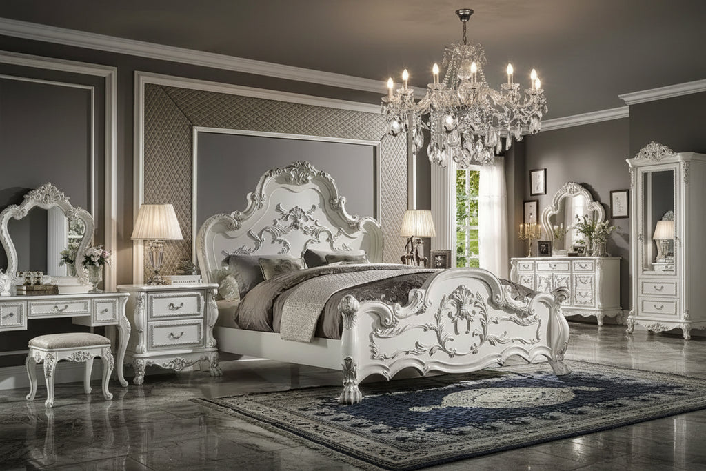 California King Panel Bed – Bone White Finish with Faux Leather Upholstery