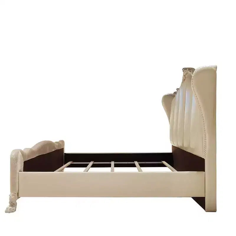 95" California King Upholstered Panel Bed – Faux Leather, Tufted Headboard, Claw Feet, Bone White