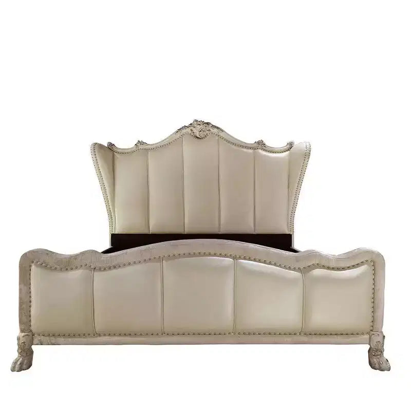 95" California King Upholstered Panel Bed – Faux Leather, Tufted Headboard, Claw Feet, Bone White