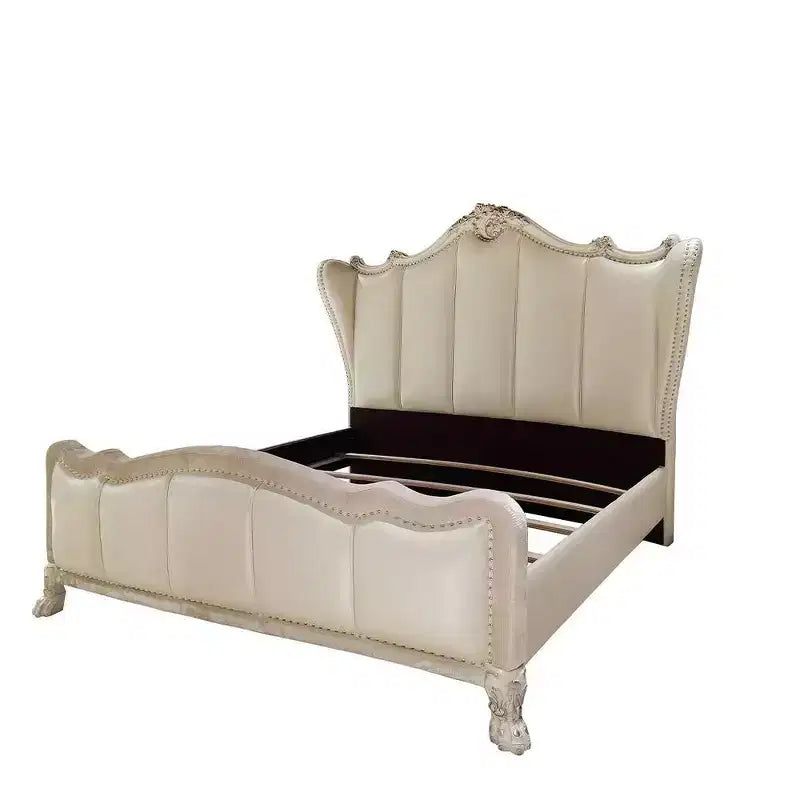 95" California King Upholstered Panel Bed – Faux Leather, Tufted Headboard, Claw Feet, Bone White