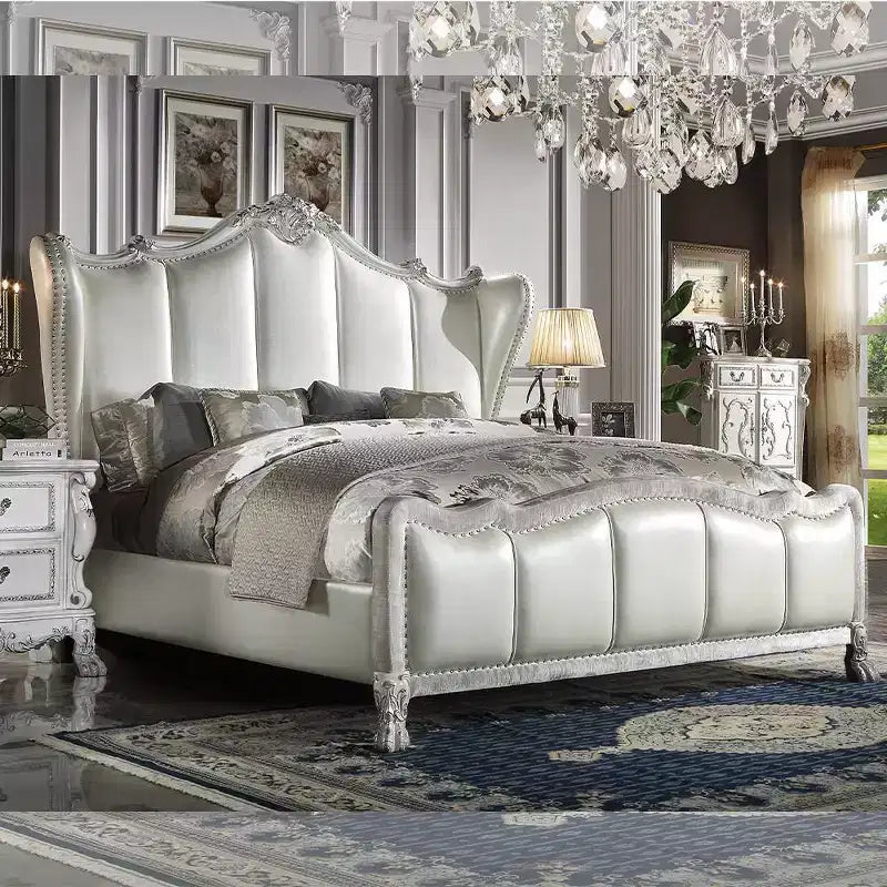 95" California King Upholstered Panel Bed – Faux Leather, Tufted Headboard, Claw Feet, Bone White
