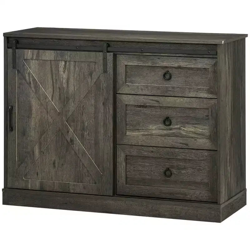 Farmhouse Coffee Bar Cabinet, Kitchen Sideboard and Buffet Cabinet with Sliding Barn Door and 3 Storage Drawers for Living Room