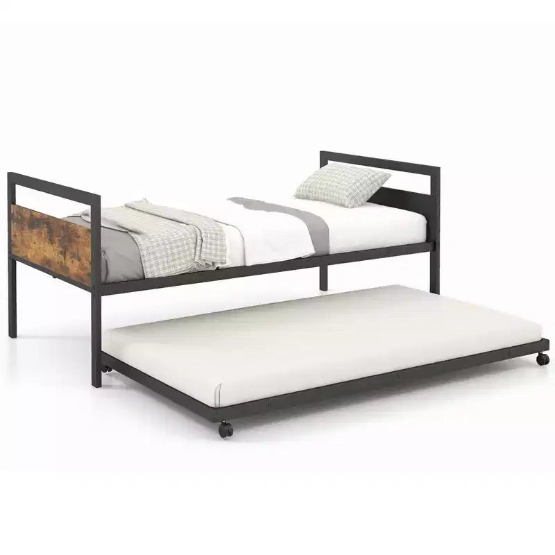 Costway Twin Metal Daybed with Trundle Lockable Wheels Heavy Duty Metal Slats Support