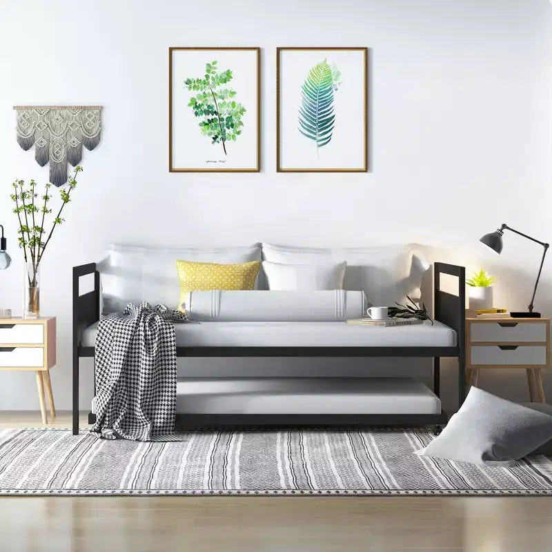 Twin Metal Daybed with Trundle – Lockable Wheels & Heavy Duty Slat Support