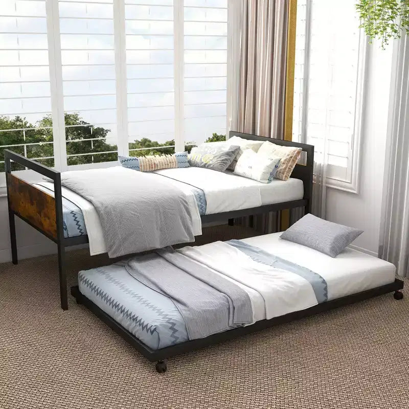 Twin Metal Daybed with Trundle – Lockable Wheels & Heavy Duty Slat Support