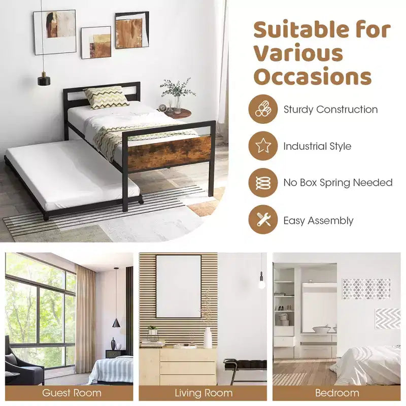 Twin Metal Daybed with Trundle – Lockable Wheels & Heavy Duty Slat Support