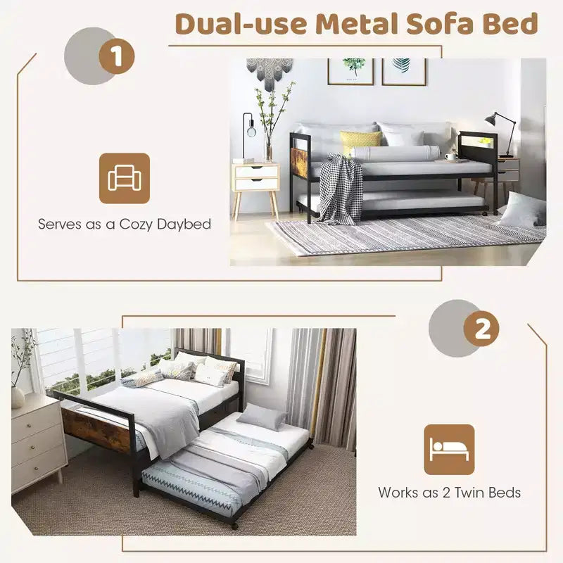 Twin Metal Daybed with Trundle – Lockable Wheels & Heavy Duty Slat Support