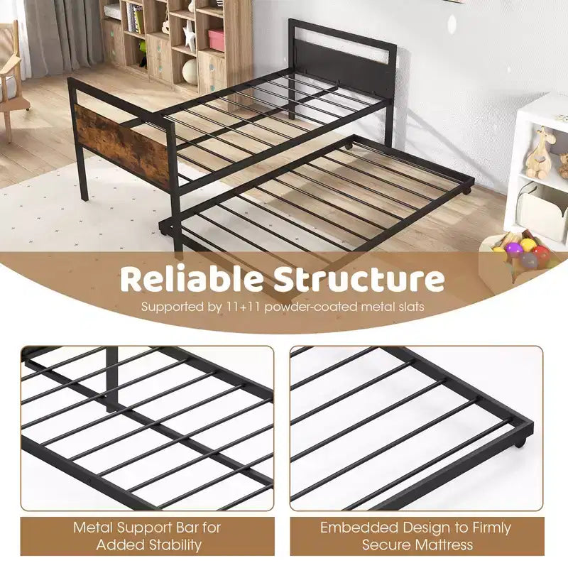 Twin Metal Daybed with Trundle – Lockable Wheels & Heavy Duty Slat Support
