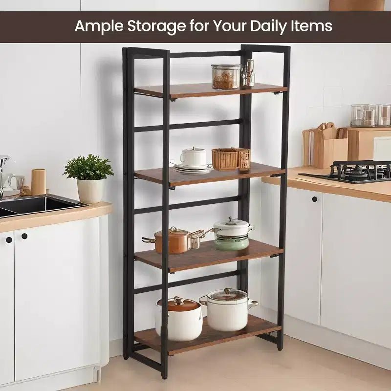 4-Tier Folding Bookshelf with Metal Frame, Rustic Brown