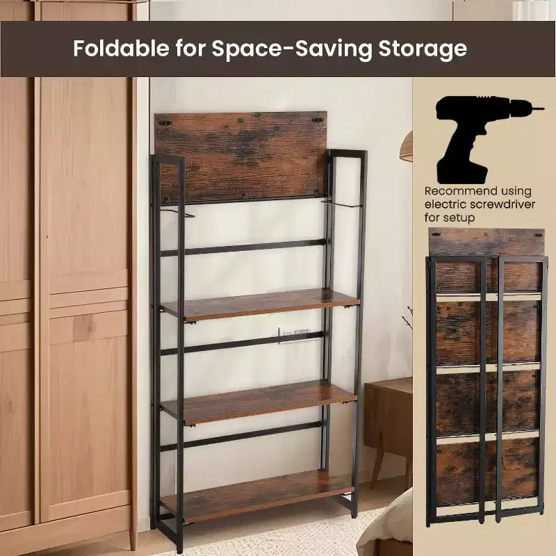 4-Tier Folding Bookshelf with Metal Frame, Rustic Brown