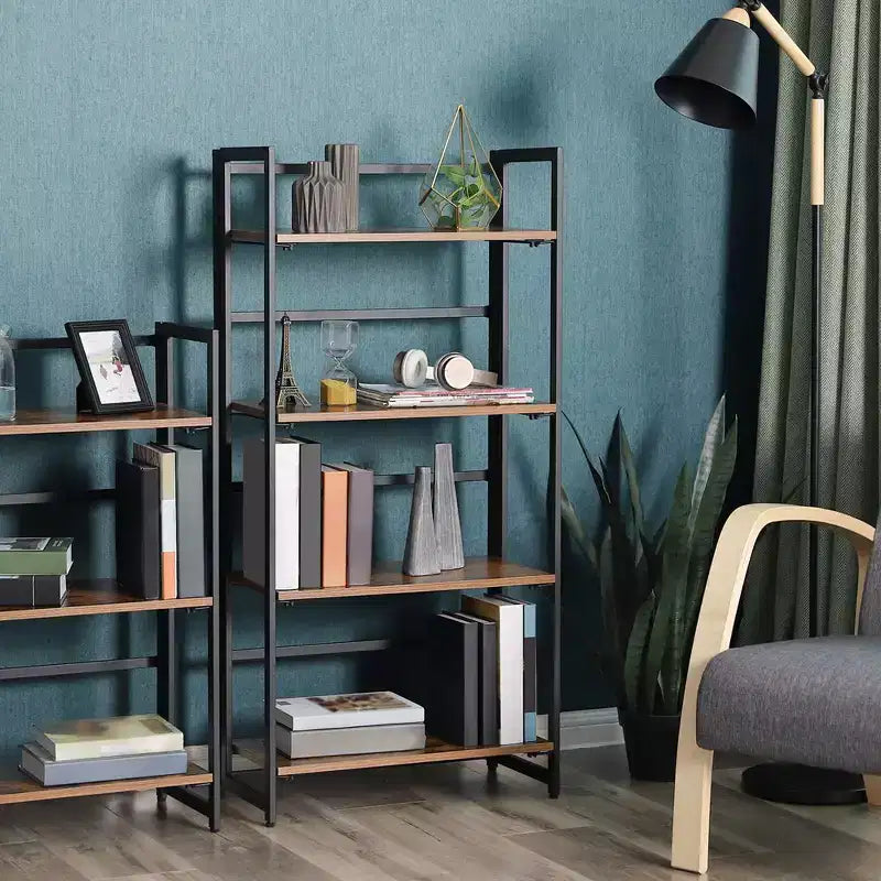 4-Tier Folding Bookshelf with Metal Frame, Rustic Brown