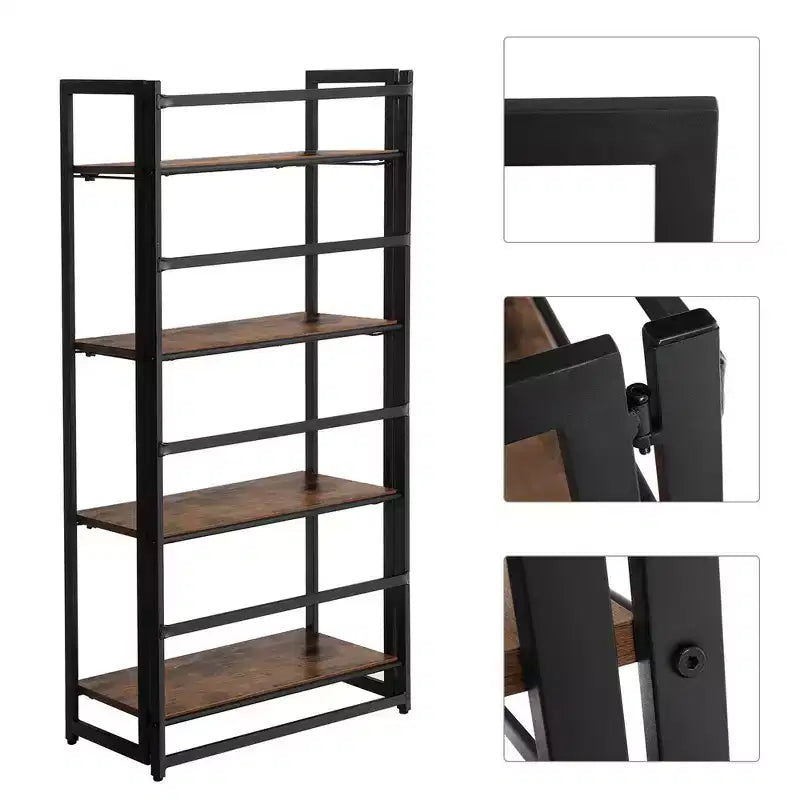 4-Tier Folding Bookshelf with Metal Frame, Rustic Brown