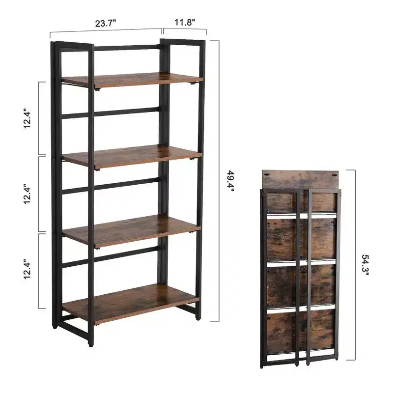 4-Tier Folding Bookshelf with Metal Frame, Rustic Brown