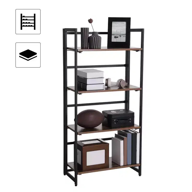 4-Tier Folding Bookshelf with Metal Frame, Rustic Brown