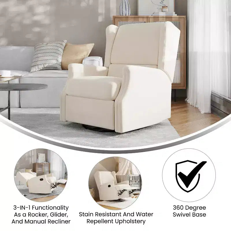 Manual Glider Rocker Recliner Chair with 360° Swivel – Wingback Style for Living Room, Bedroom or Nursery