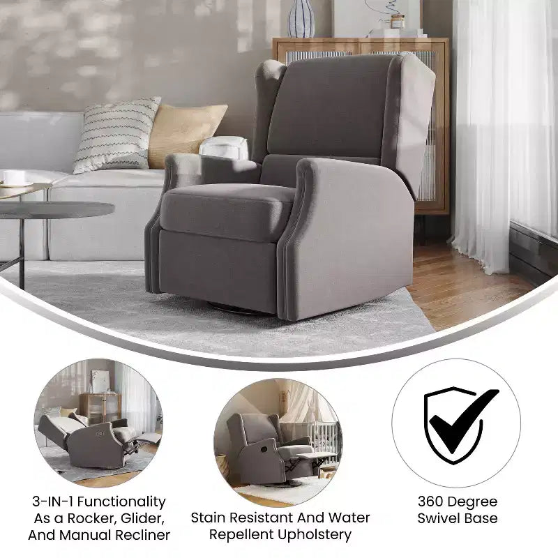 Manual Glider Rocker Recliner Chair with 360° Swivel – Wingback Style for Living Room, Bedroom or Nursery