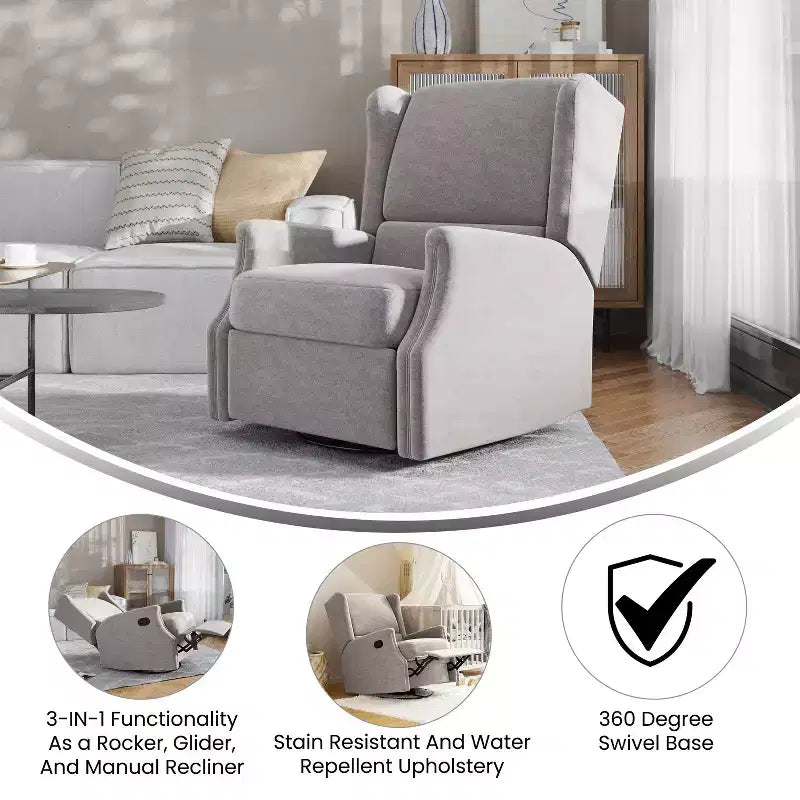Manual Glider Rocker Recliner Chair with 360° Swivel – Wingback Style for Living Room, Bedroom or Nursery