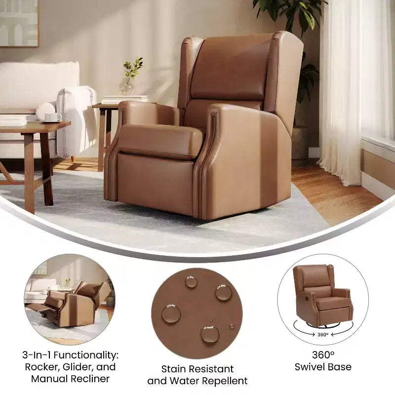 Manual Glider Rocker Recliner Chair with 360° Swivel – Wingback Style for Living Room, Bedroom or Nursery