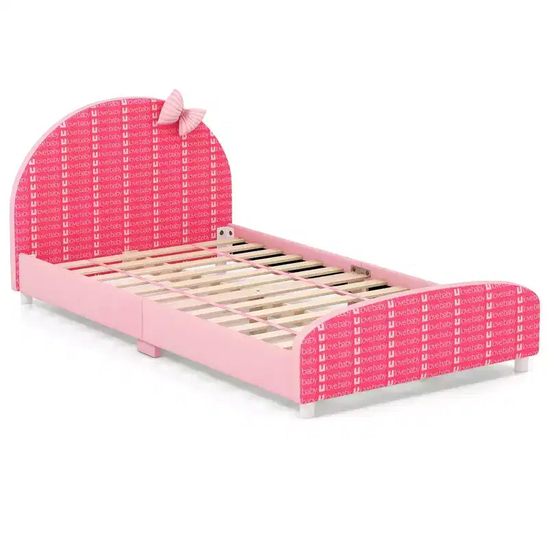 Children Twin Size Upholstered Platform Bed with Headboard & Footboard - Pink