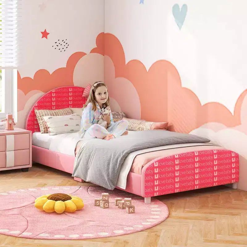 Children Twin Size Upholstered Platform Bed with Headboard & Footboard - Pink