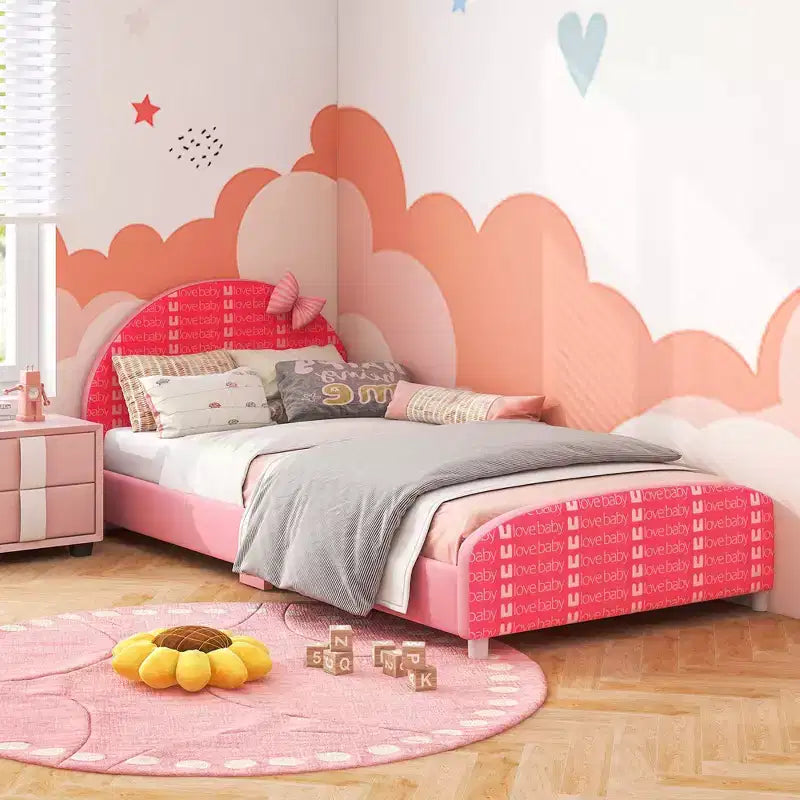 Children Twin Size Upholstered Platform Bed with Headboard & Footboard - Pink