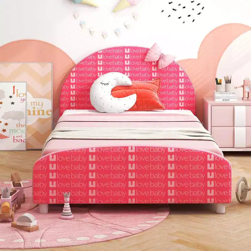 Children Twin Size Upholstered Platform Bed with Headboard & Footboard - Pink