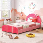 Letto a piattaforma imbottito per bambini misura singola con testiera e pediera - Rosa