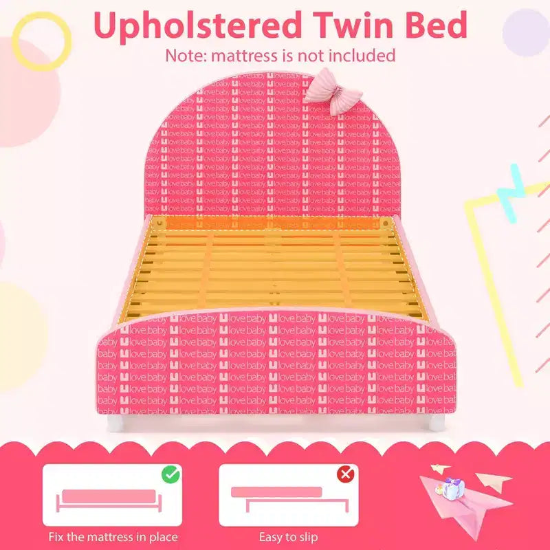 Children Twin Size Upholstered Platform Bed with Headboard & Footboard - Pink